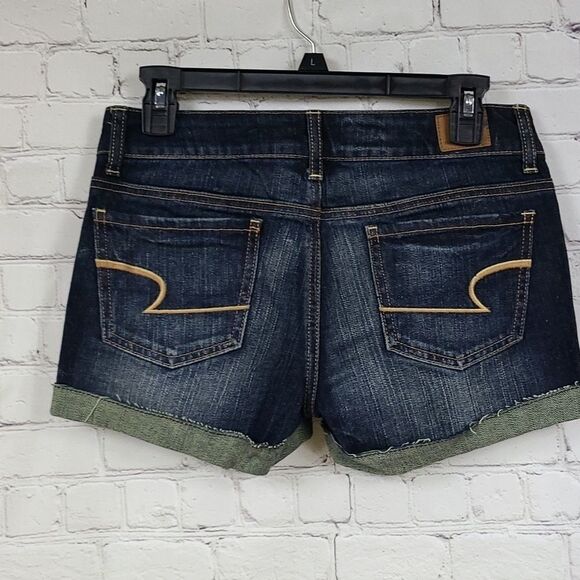 AE American Eagle Faux Leather Trim Dark Denim Cutoff Shortie Short Sz 4 - Picture 7 of 8